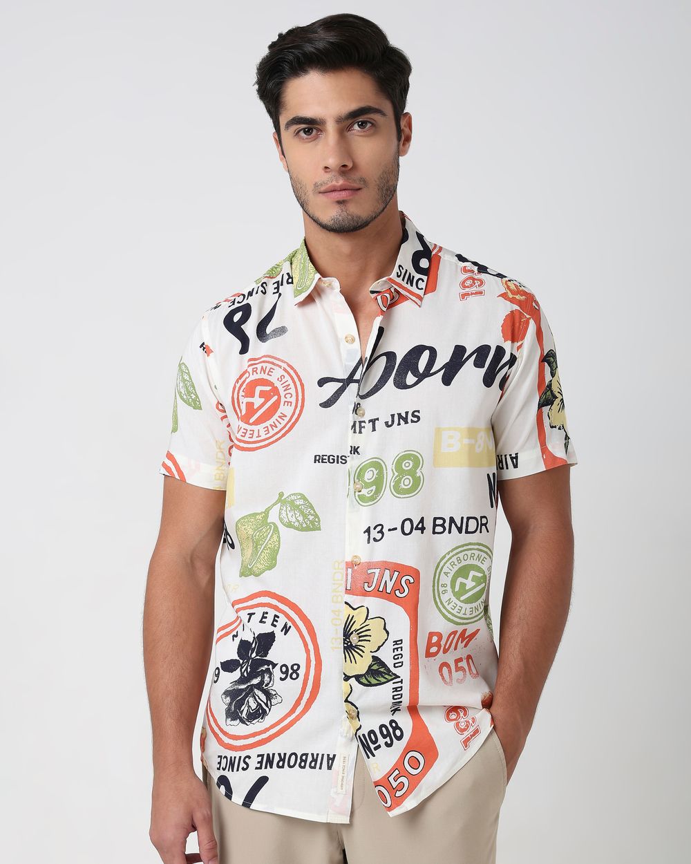 Off White Travel Stamp Print Slim Fit Casual Shirt