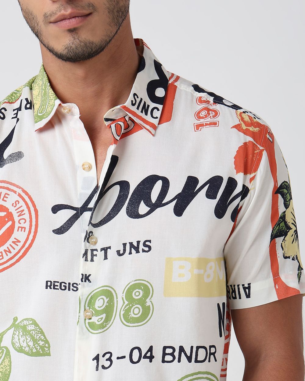 Off White Travel Stamp Print Slim Fit Casual Shirt