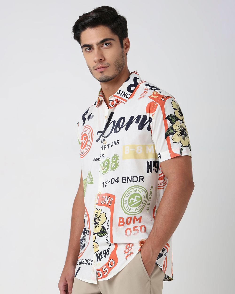 Off White Travel Stamp Print Slim Fit Casual Shirt