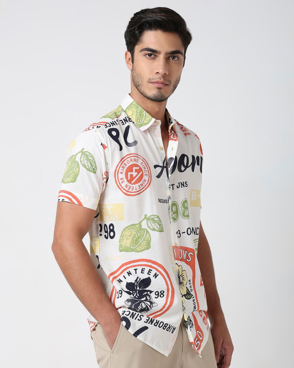 Off White Travel Stamp Print Slim Fit Casual Shirt