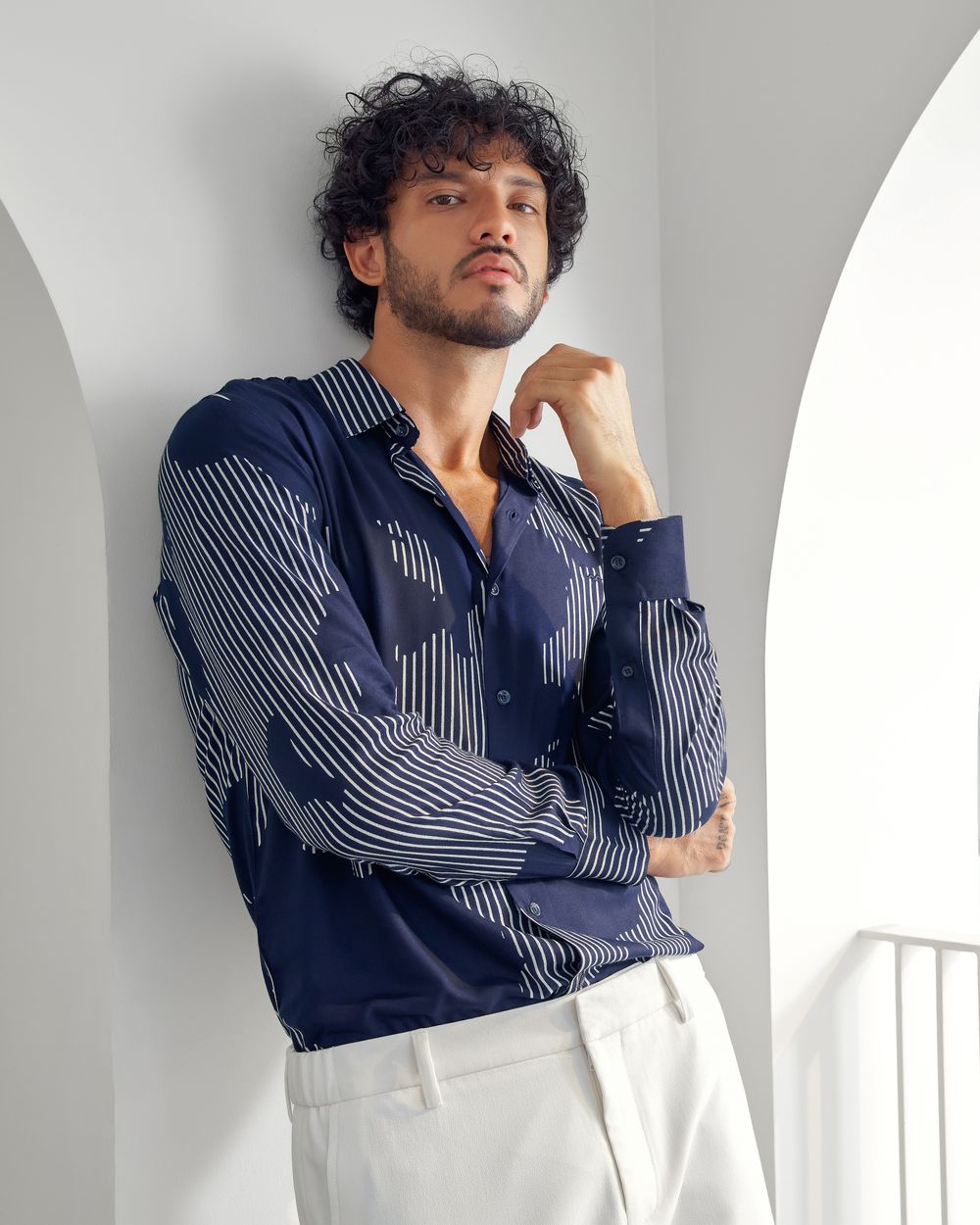 Navy Abstract Print Slim Fit Casual Shirt
