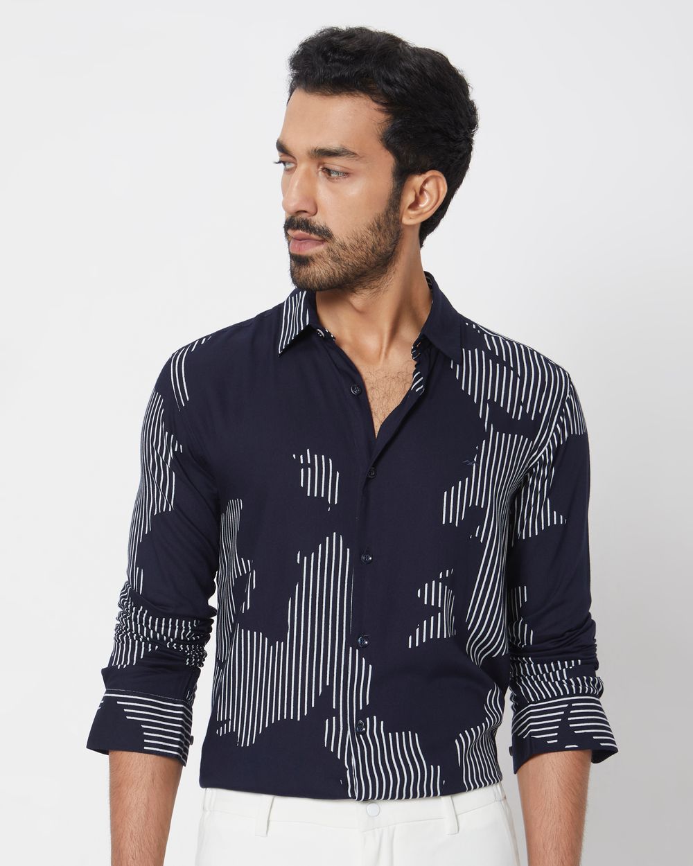 Navy Abstract Print Slim Fit Casual Shirt