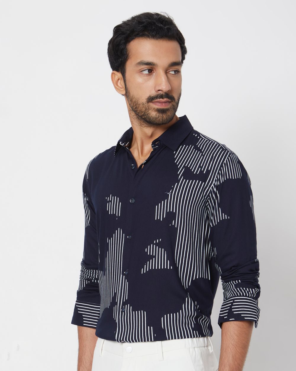 Navy Abstract Print Slim Fit Casual Shirt