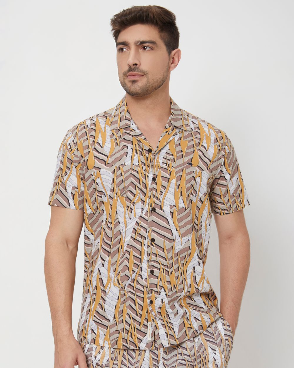 Light Khaki Digital Print Slim Fit Casual Shirt