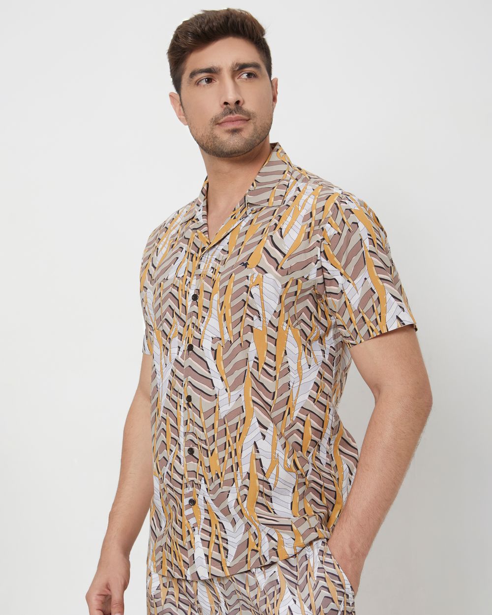 Light Khaki Digital Print Slim Fit Casual Shirt