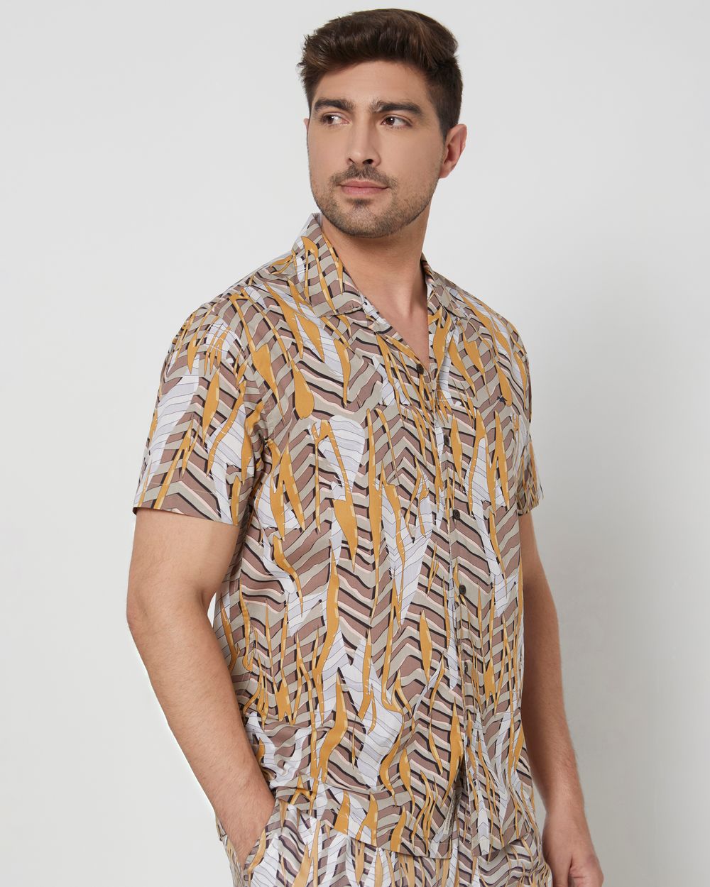 Light Khaki Digital Print Slim Fit Casual Shirt