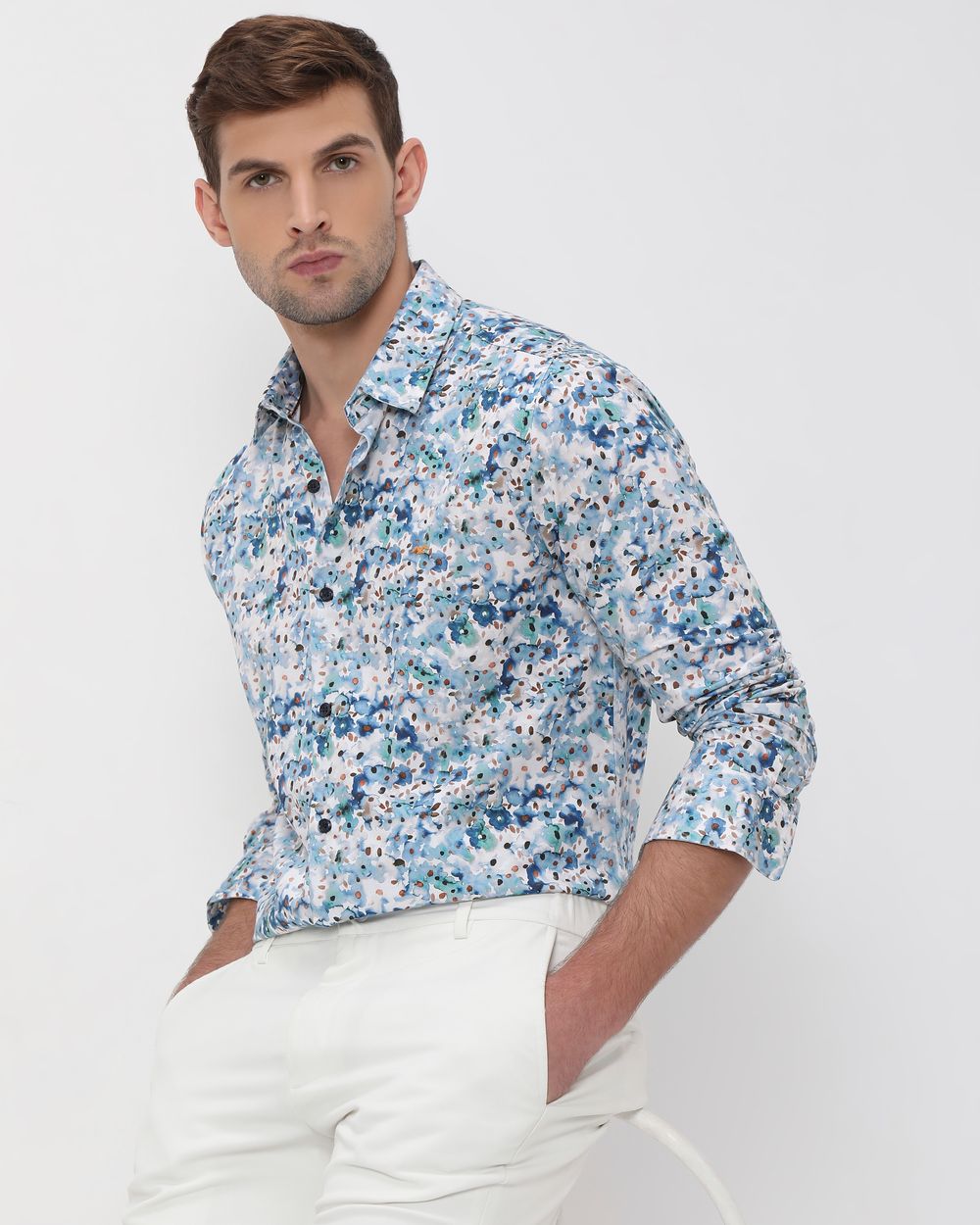 Blue Floral Print Slim Fit Casual Shirt