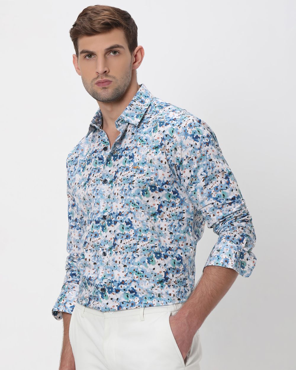 Blue Floral Print Slim Fit Casual Shirt