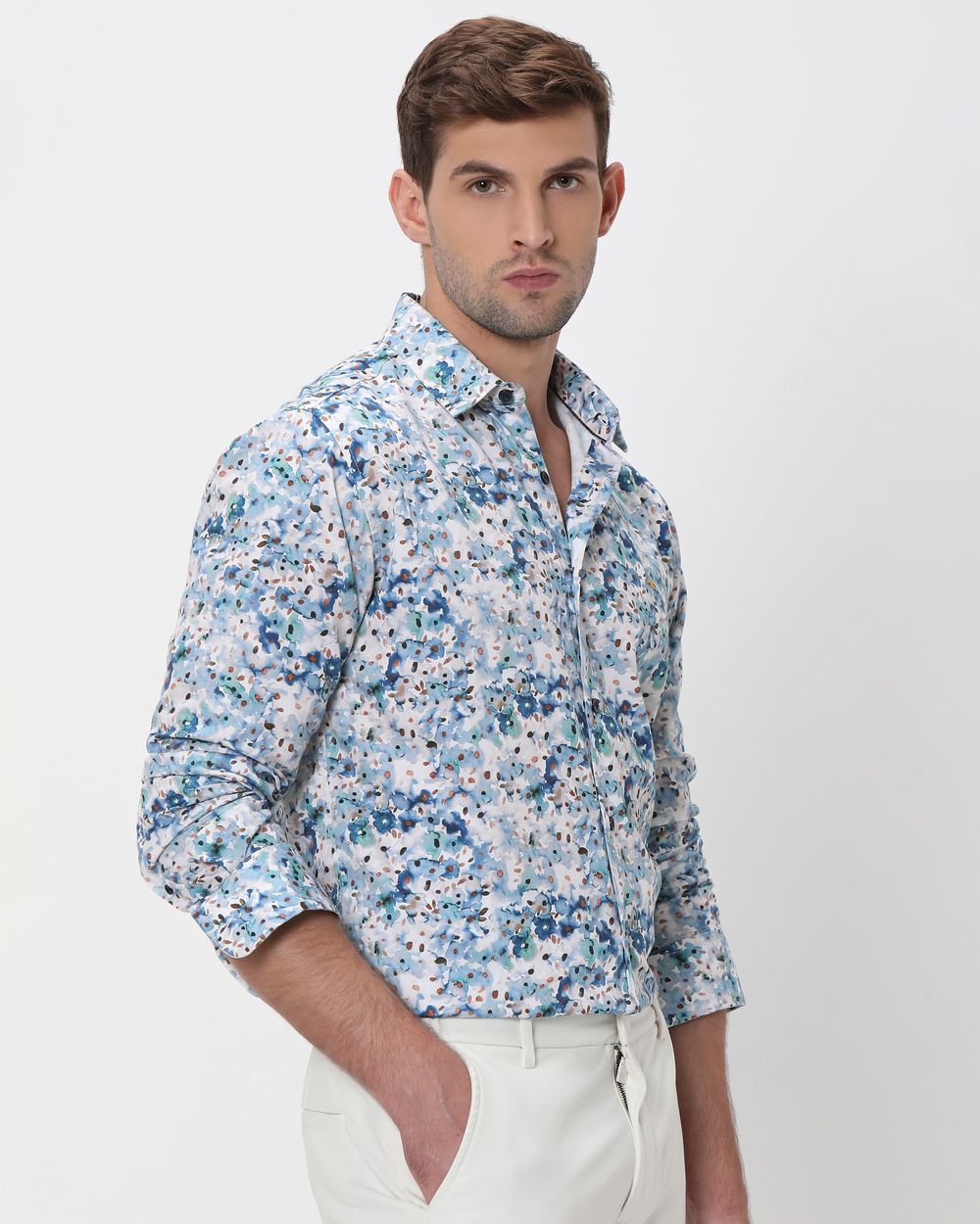Blue Floral Print Slim Fit Casual Shirt