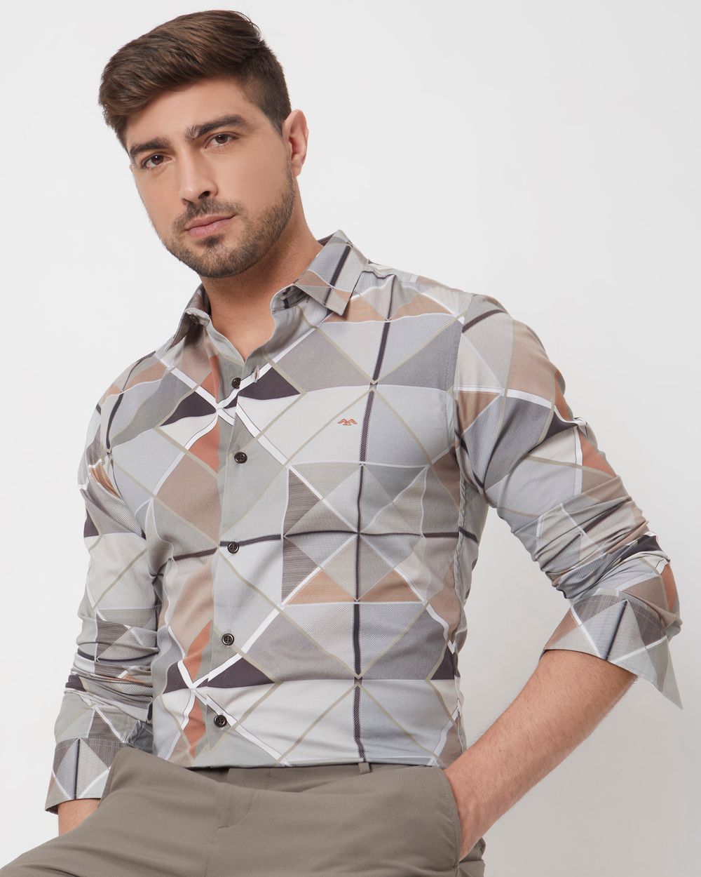 Grey Digital Print Slim Fit Casual Shirt