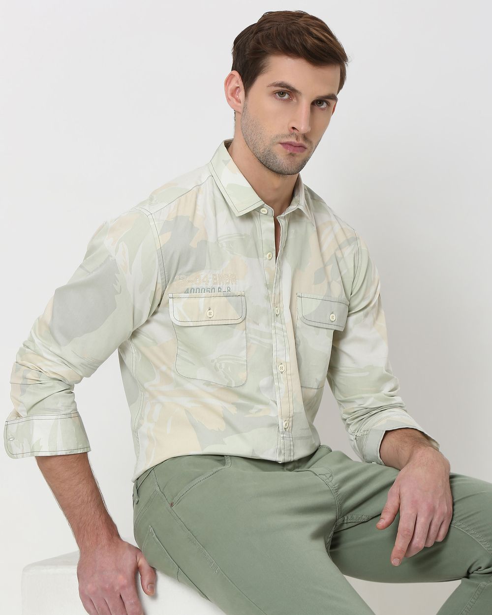 Light Olive Camo Print Slim Fit Casual Shirt