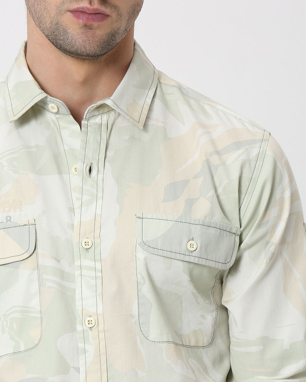 Light Olive Camo Print Slim Fit Casual Shirt