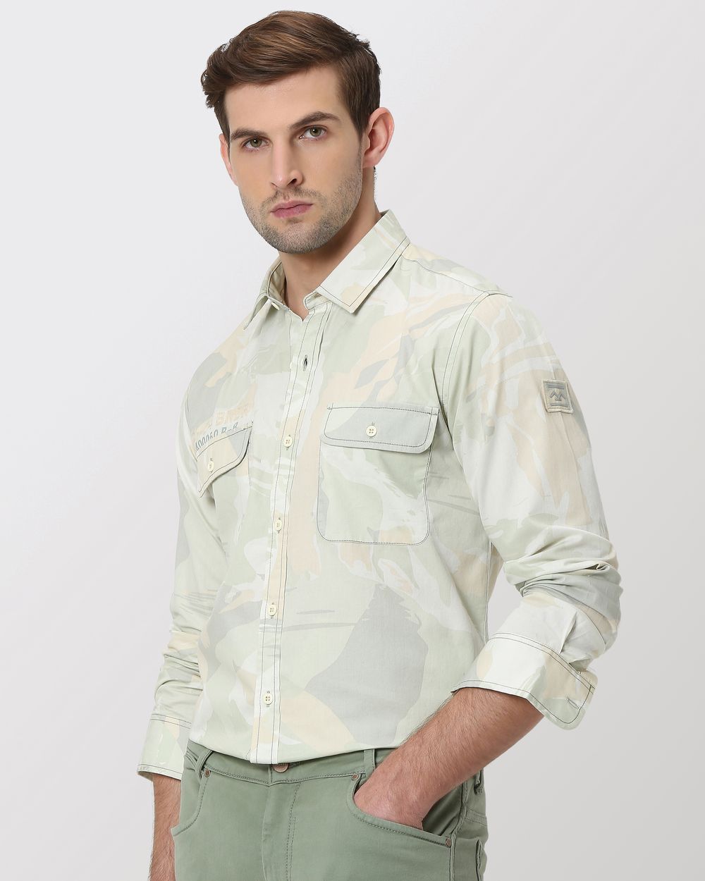 Light Olive Camo Print Slim Fit Casual Shirt
