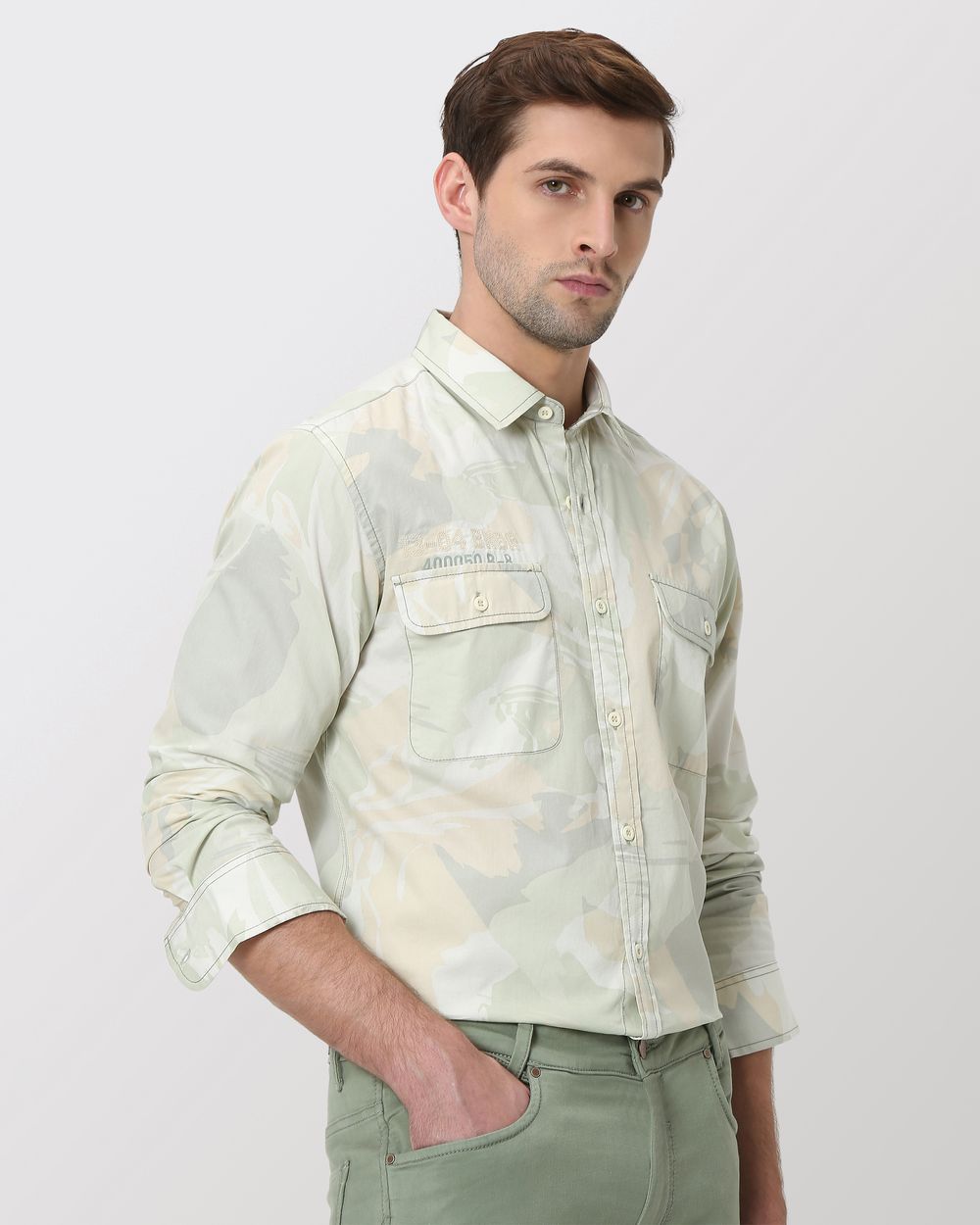 Light Olive Camo Print Slim Fit Casual Shirt
