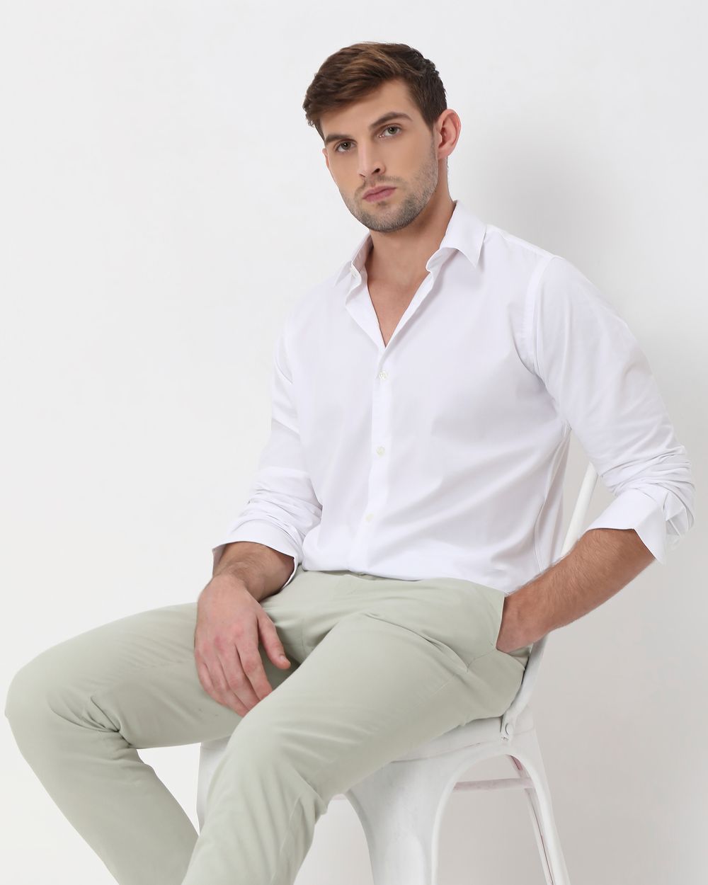 White Stretch Plain Slim Fit Casual Shirt