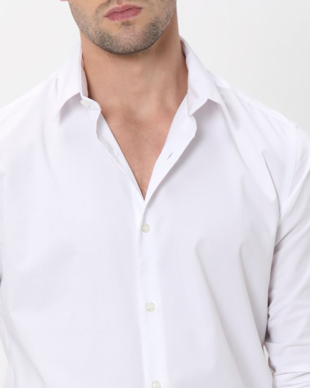 White Stretch Plain Slim Fit Casual Shirt