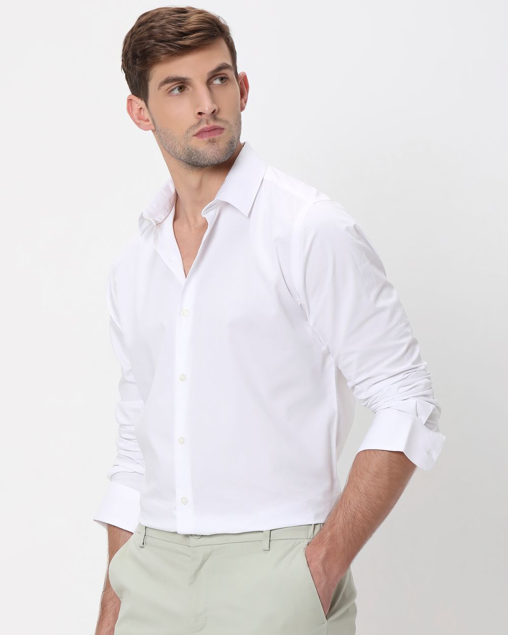 White Stretch Plain Slim Fit Casual Shirt