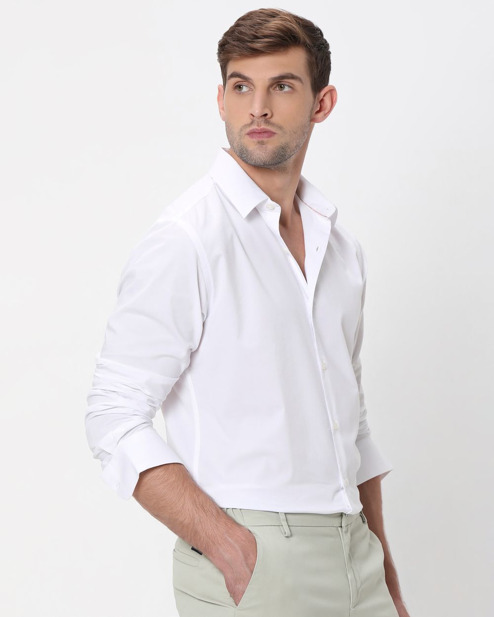 White Stretch Plain Slim Fit Casual Shirt