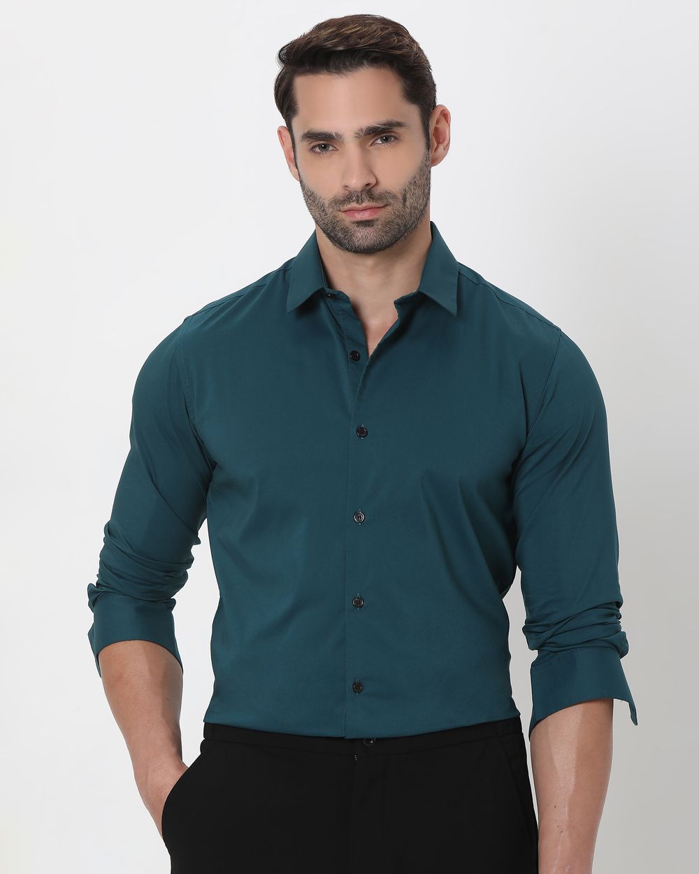 Green Stretch Plain Slim Fit Casual Shirt