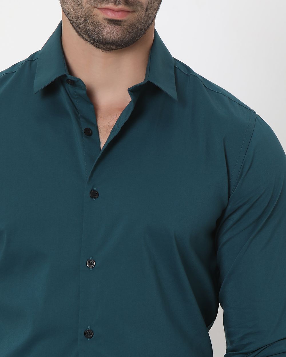 Green Stretch Plain Slim Fit Casual Shirt
