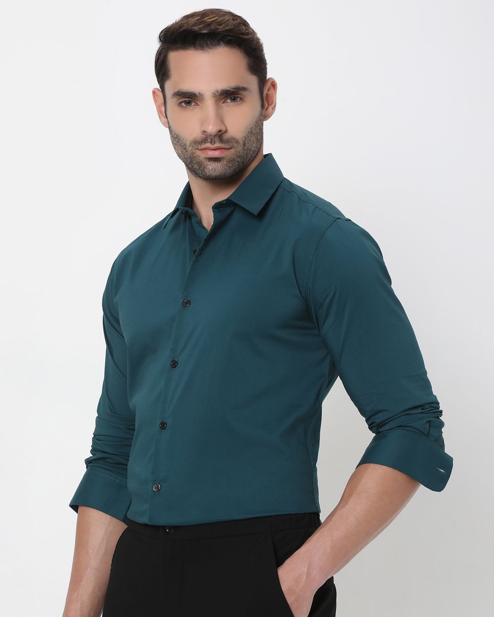 Green Stretch Plain Slim Fit Casual Shirt