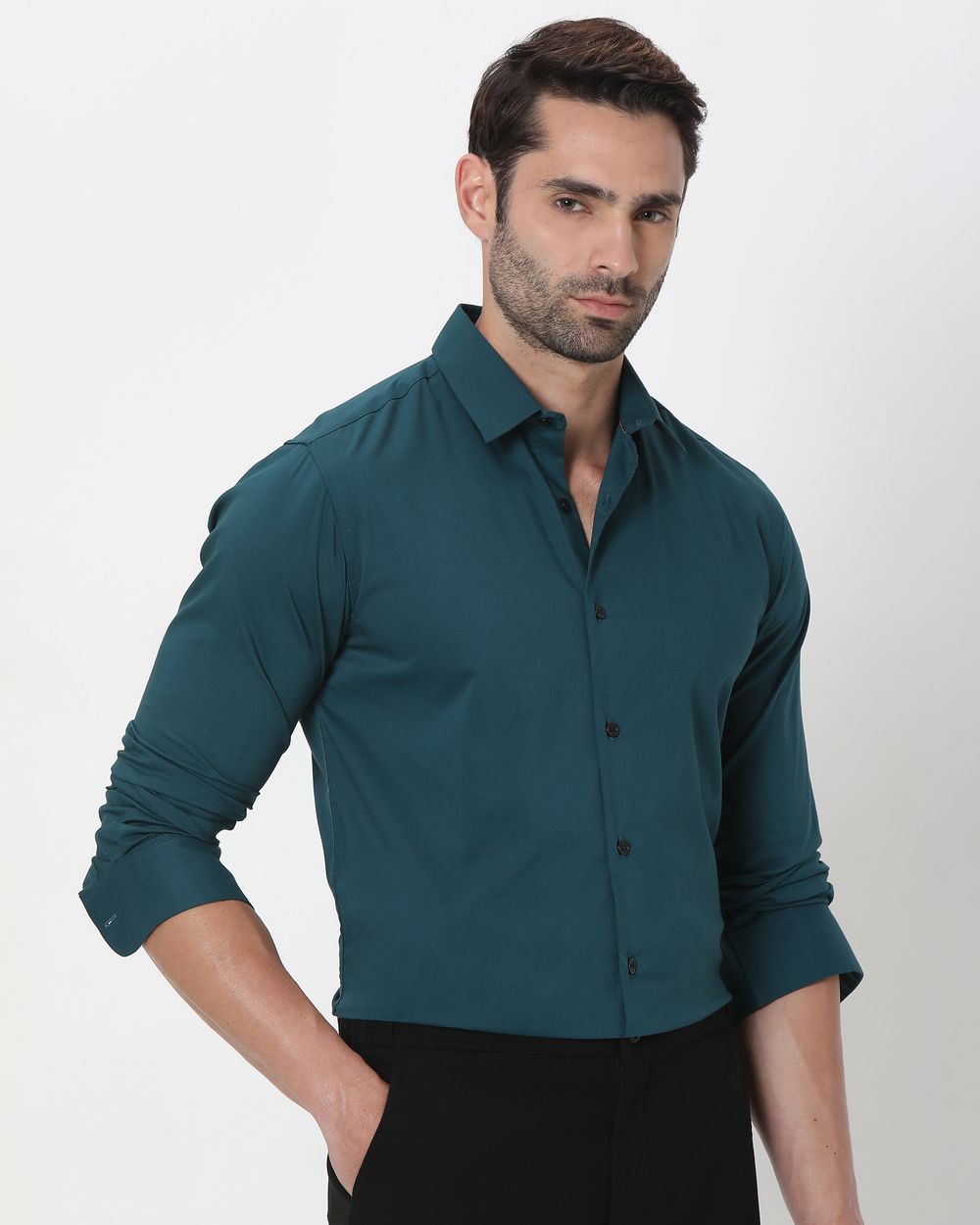 Green Stretch Plain Slim Fit Casual Shirt