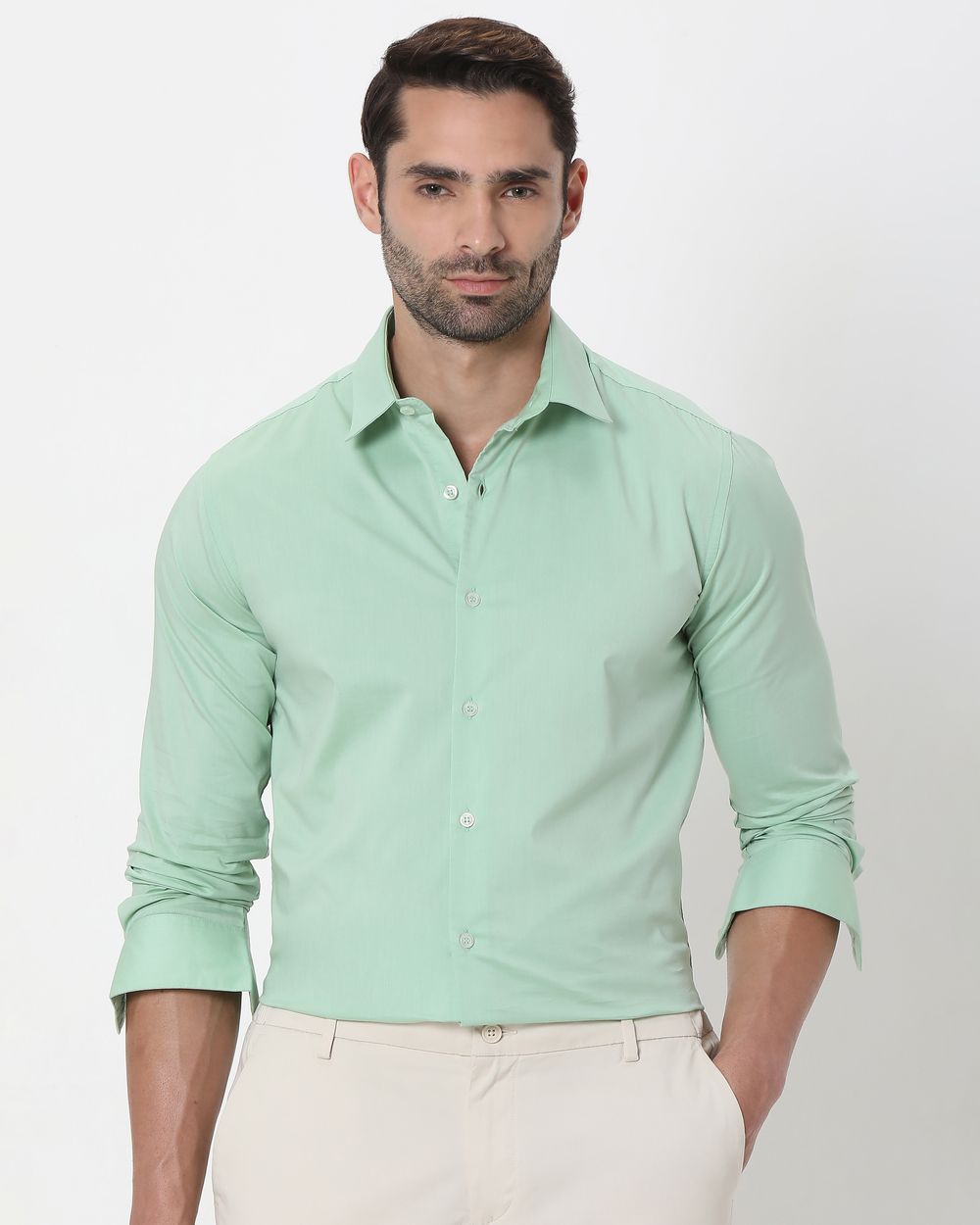 Light Green Stretch Plain Slim Fit Casual Shirt