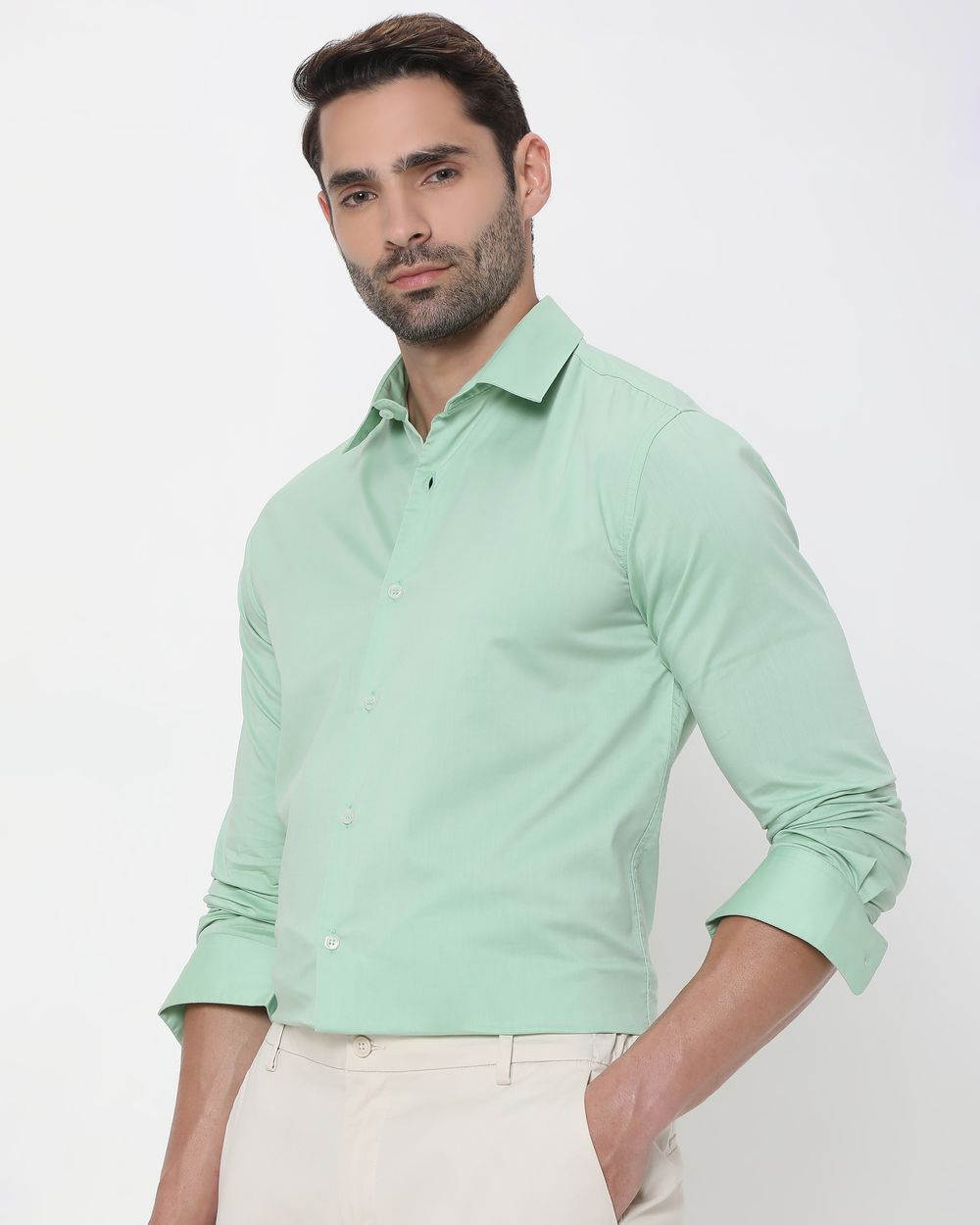 Light Green Stretch Plain Slim Fit Casual Shirt