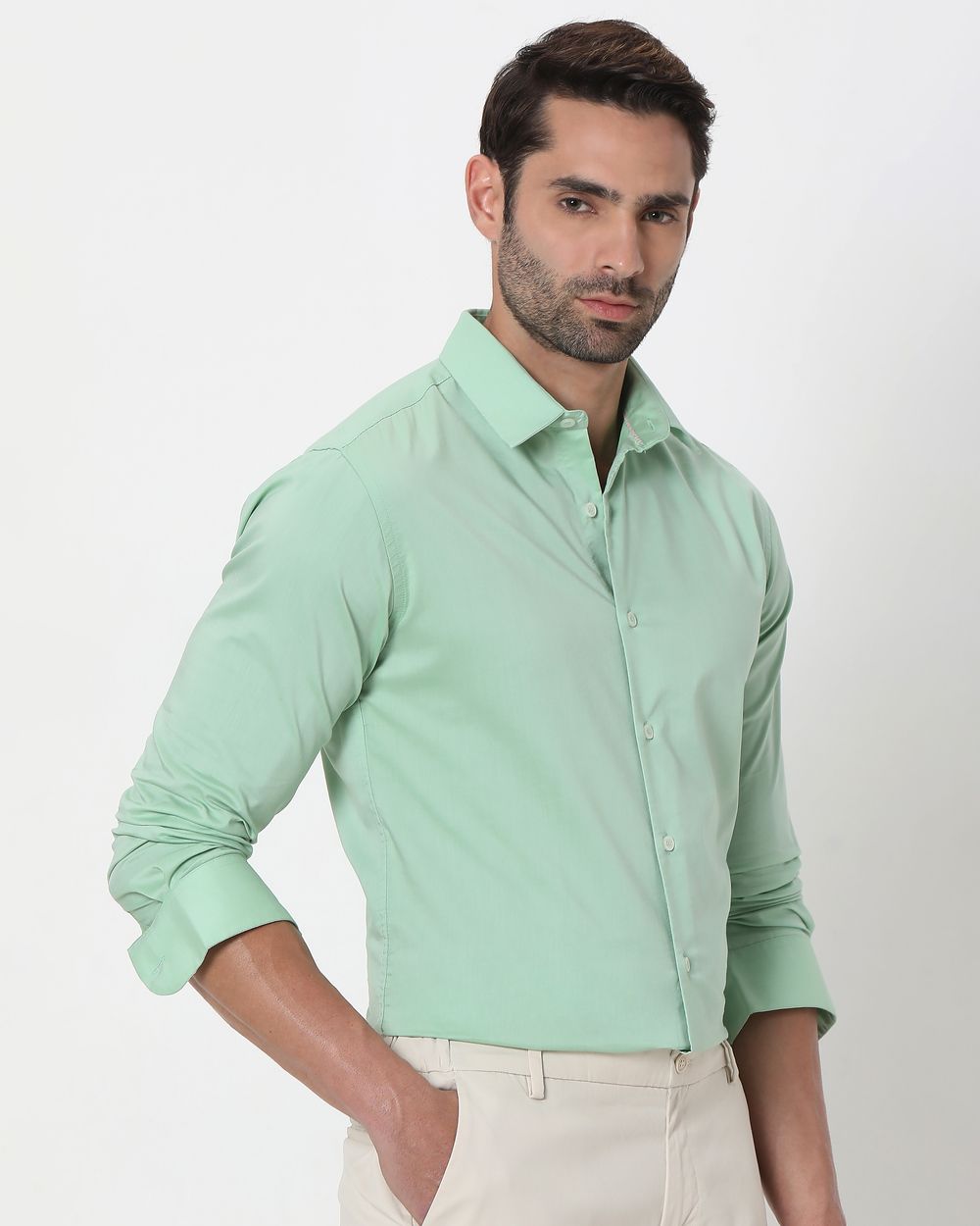 Light Green Stretch Plain Slim Fit Casual Shirt