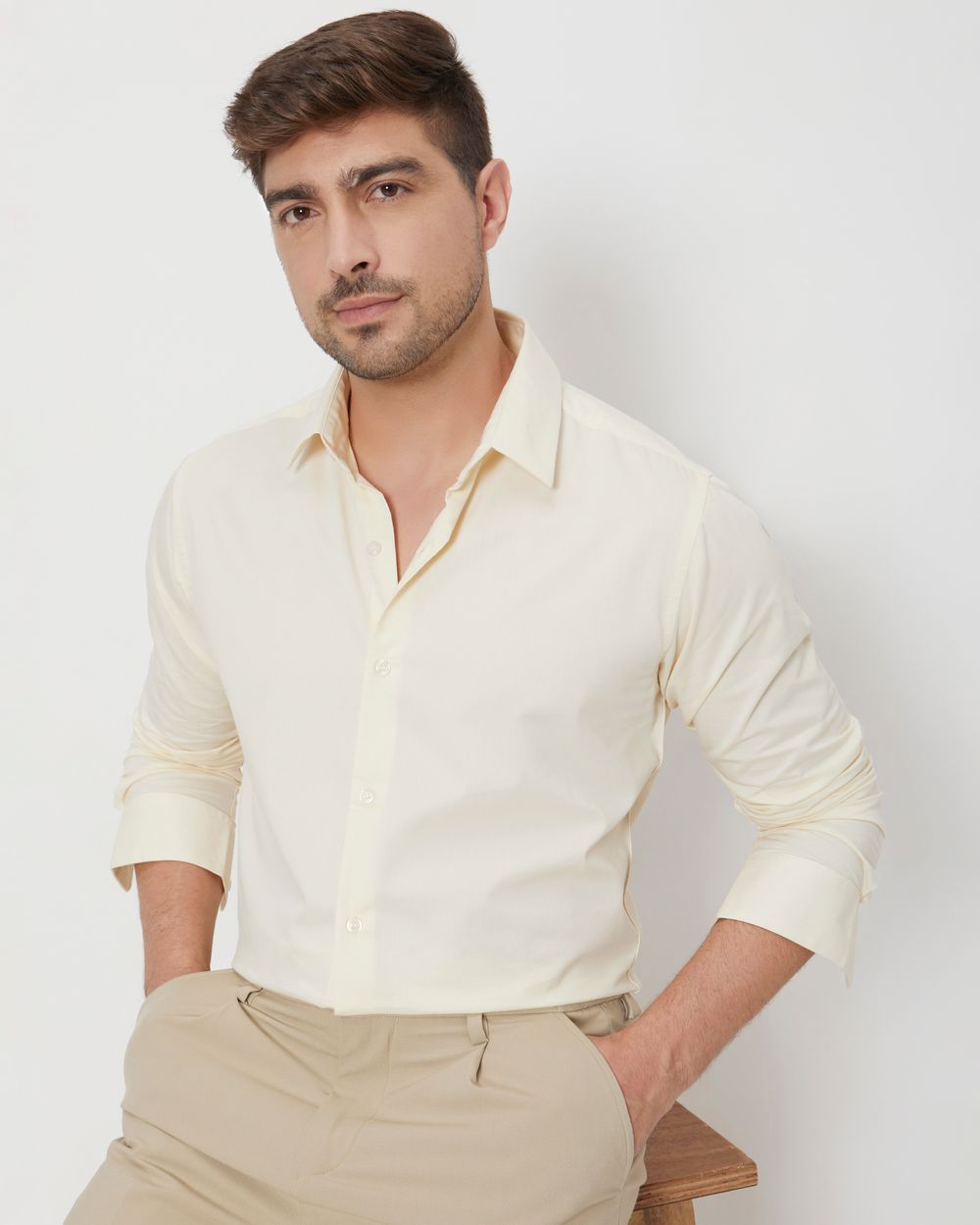 Beige Stretch Plain Slim Fit Casual Shirt