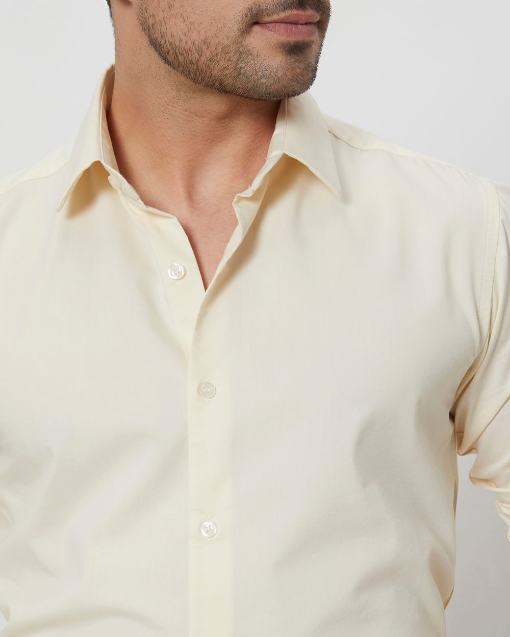Beige Stretch Plain Slim Fit Casual Shirt