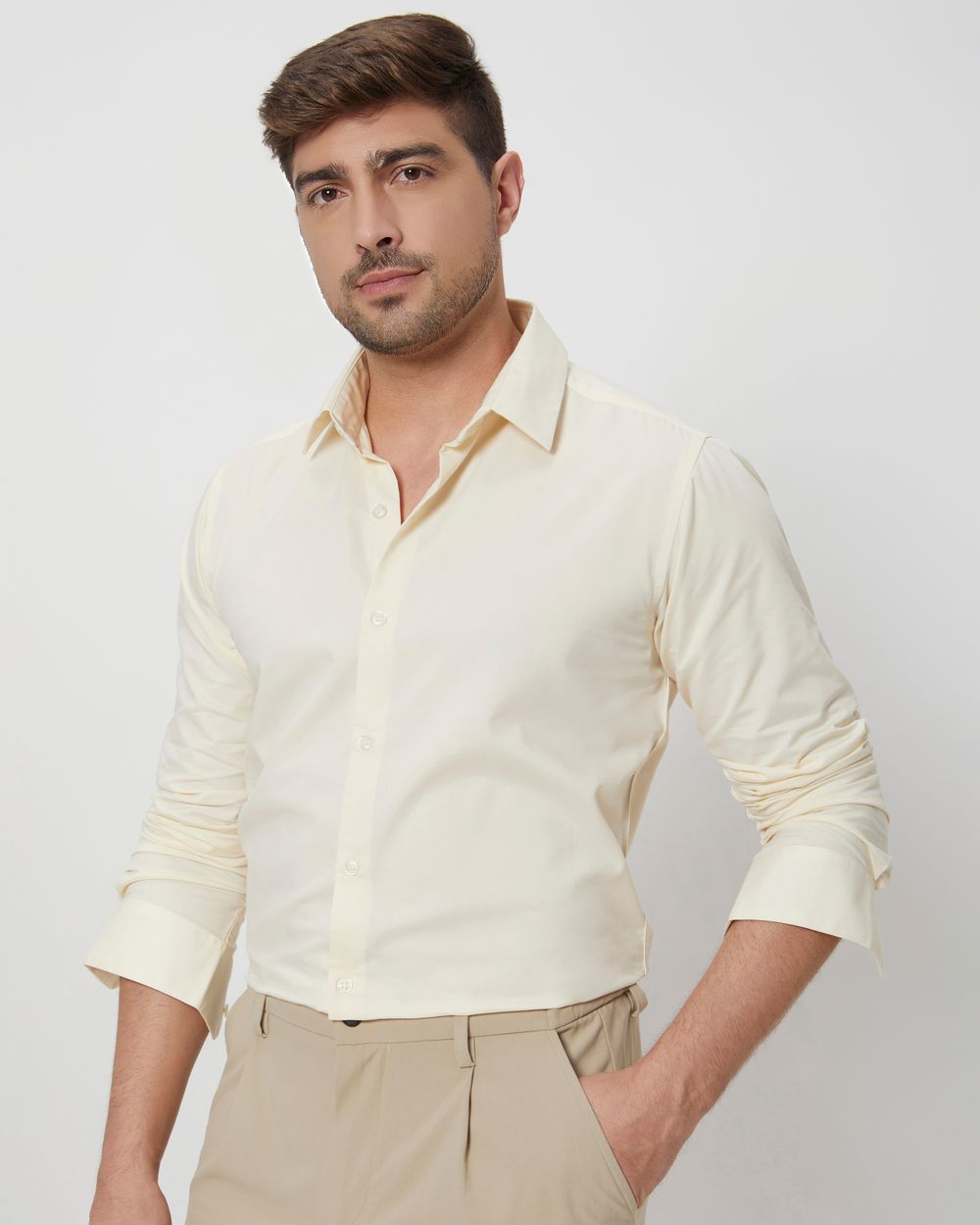 Beige Stretch Plain Slim Fit Casual Shirt