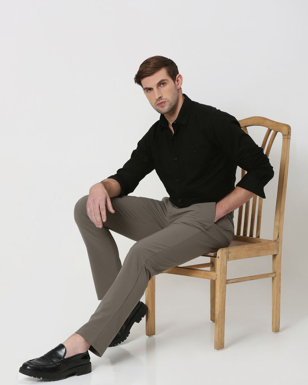 Black Cotton Linen Plain Slim Fit Casual Shirt