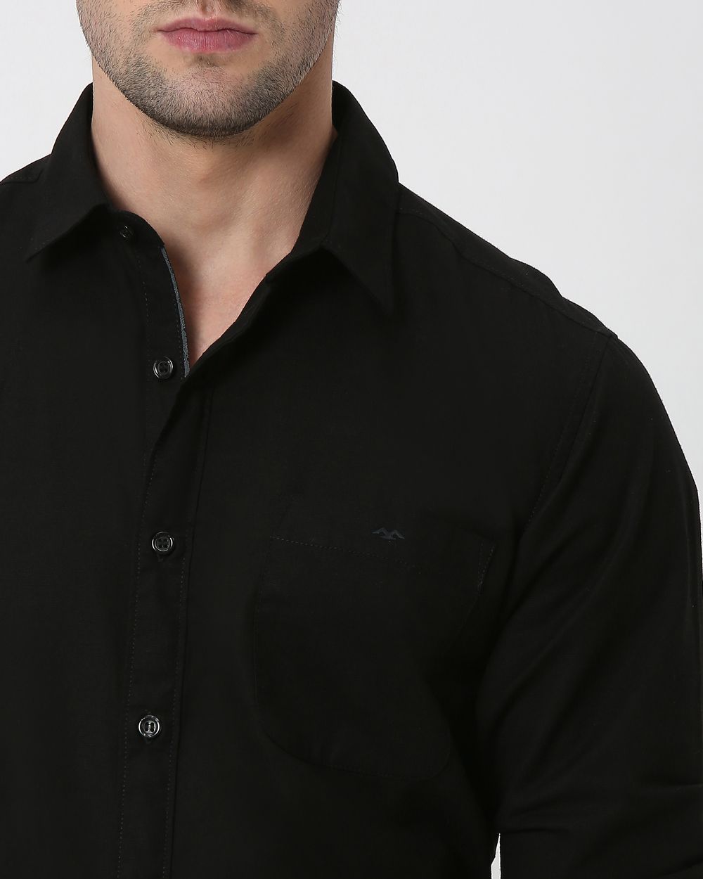Black Cotton Linen Plain Slim Fit Casual Shirt