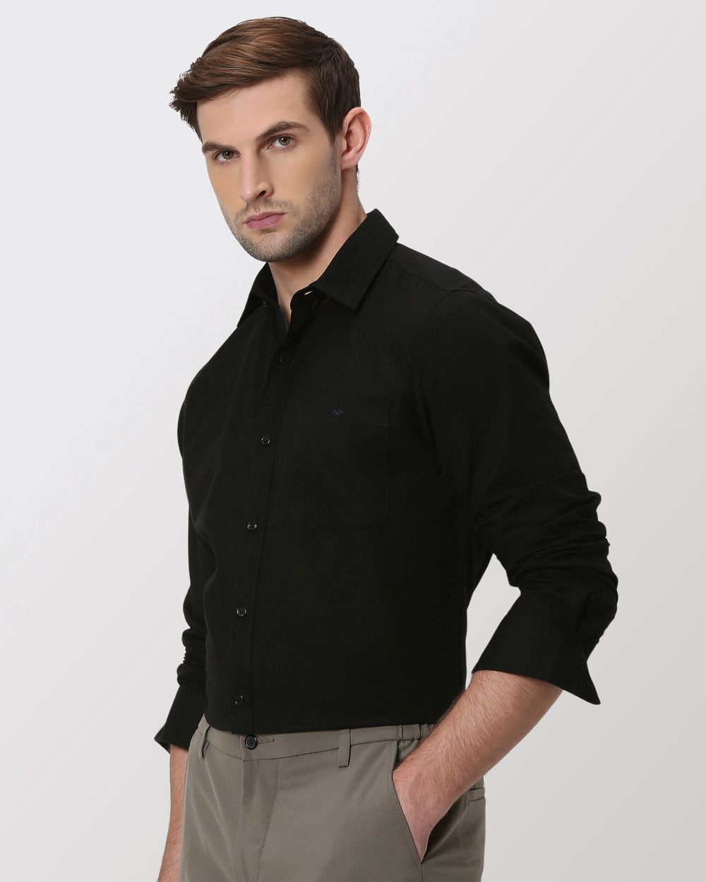 Black Cotton Linen Plain Slim Fit Casual Shirt
