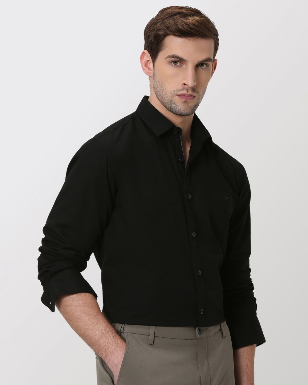Black Cotton Linen Plain Slim Fit Casual Shirt