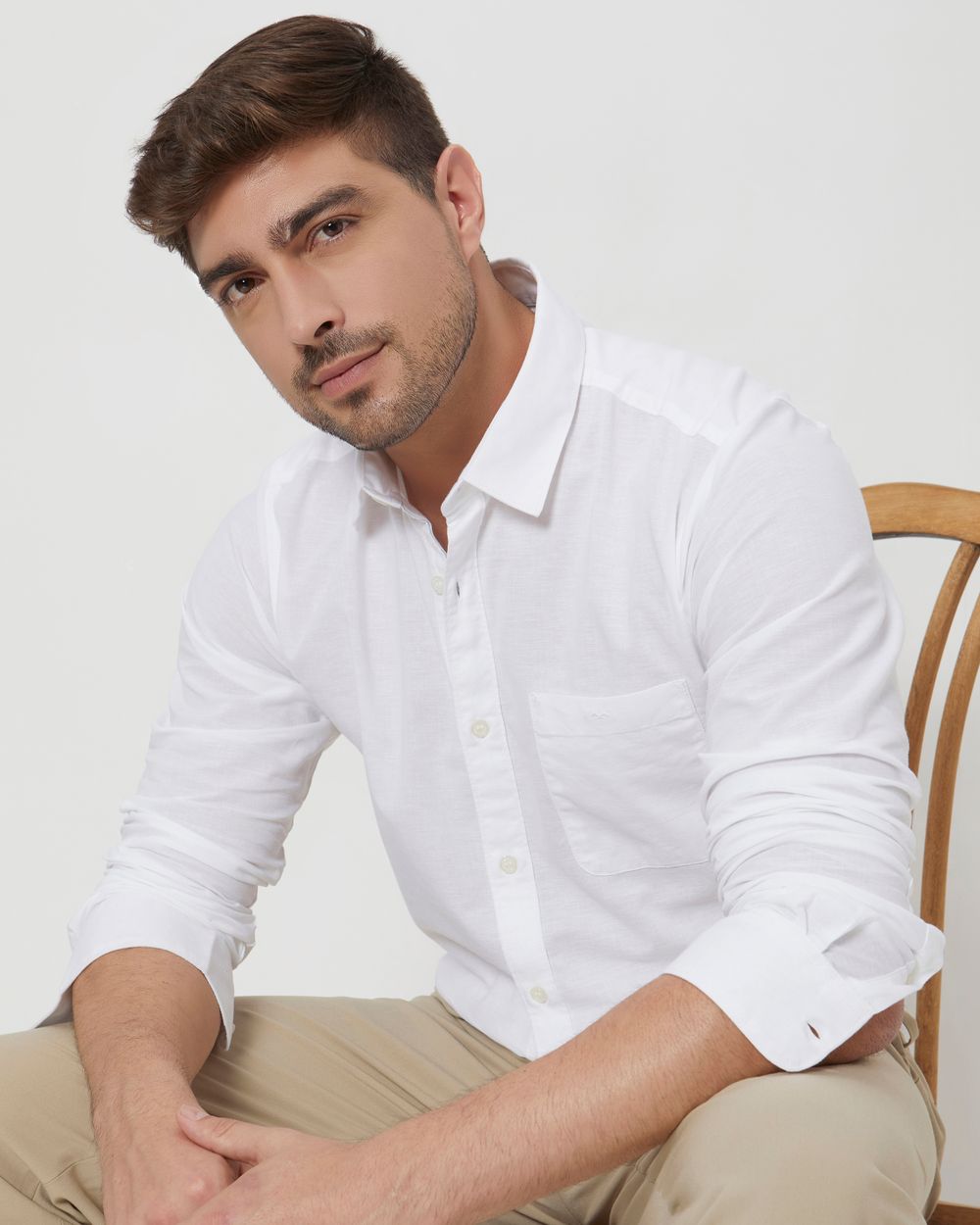 White Cotton Linen Plain Slim Fit Casual Shirt