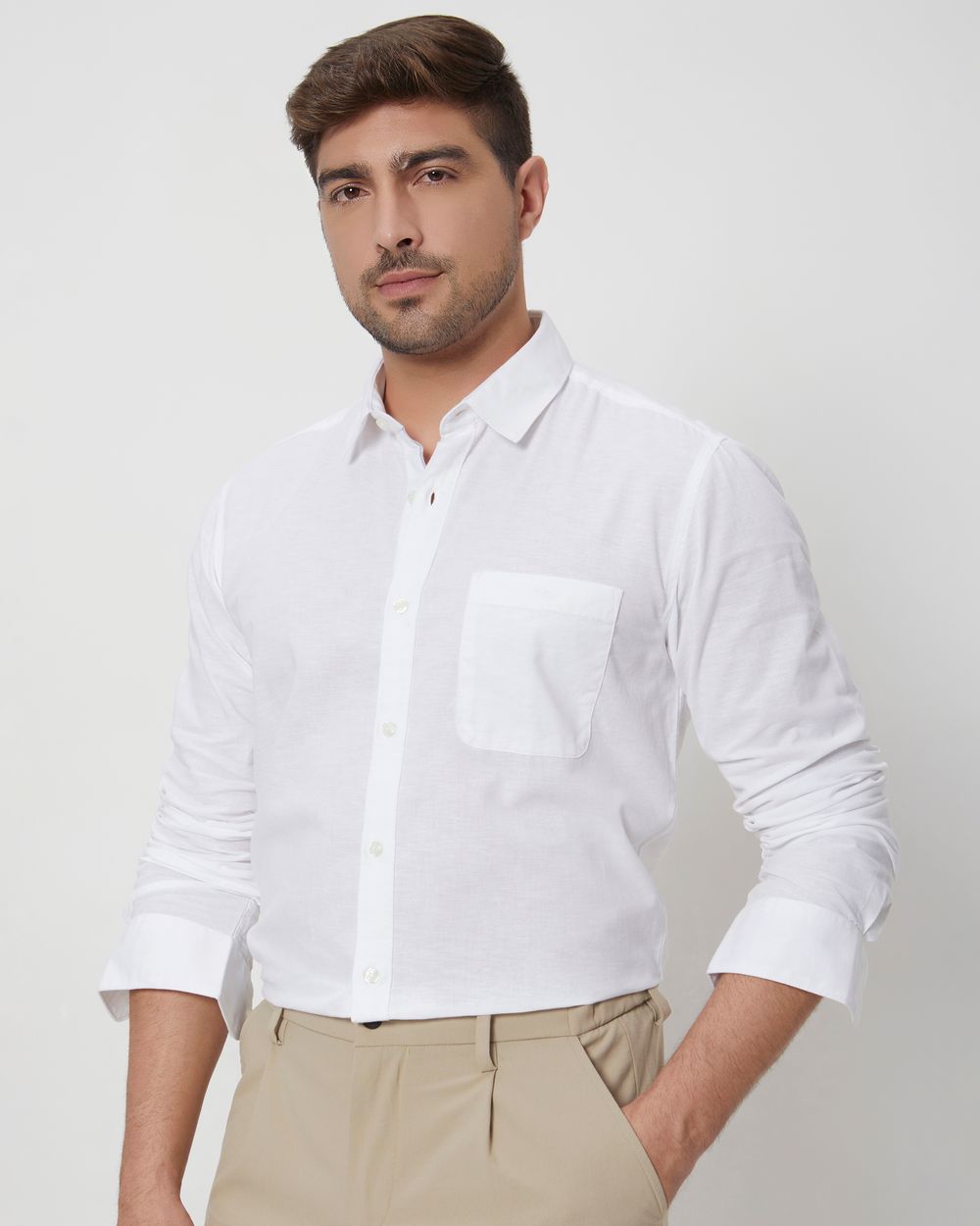 White Cotton Linen Plain Slim Fit Casual Shirt