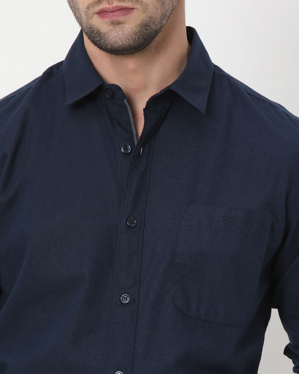 Navy Cotton Linen Plain Slim Fit Casual Shirt