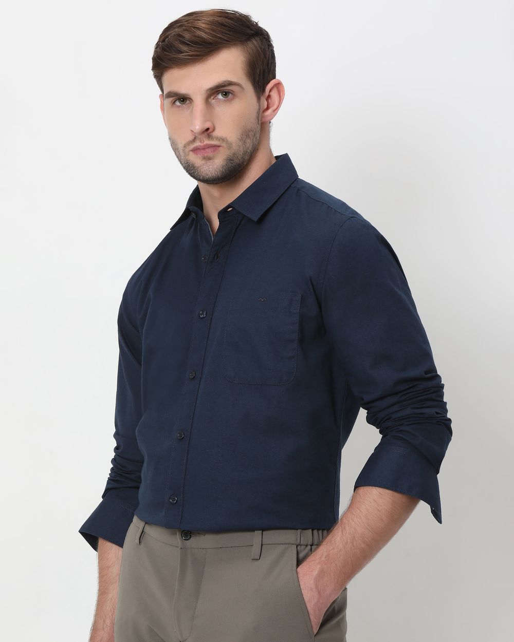 Navy Cotton Linen Plain Slim Fit Casual Shirt