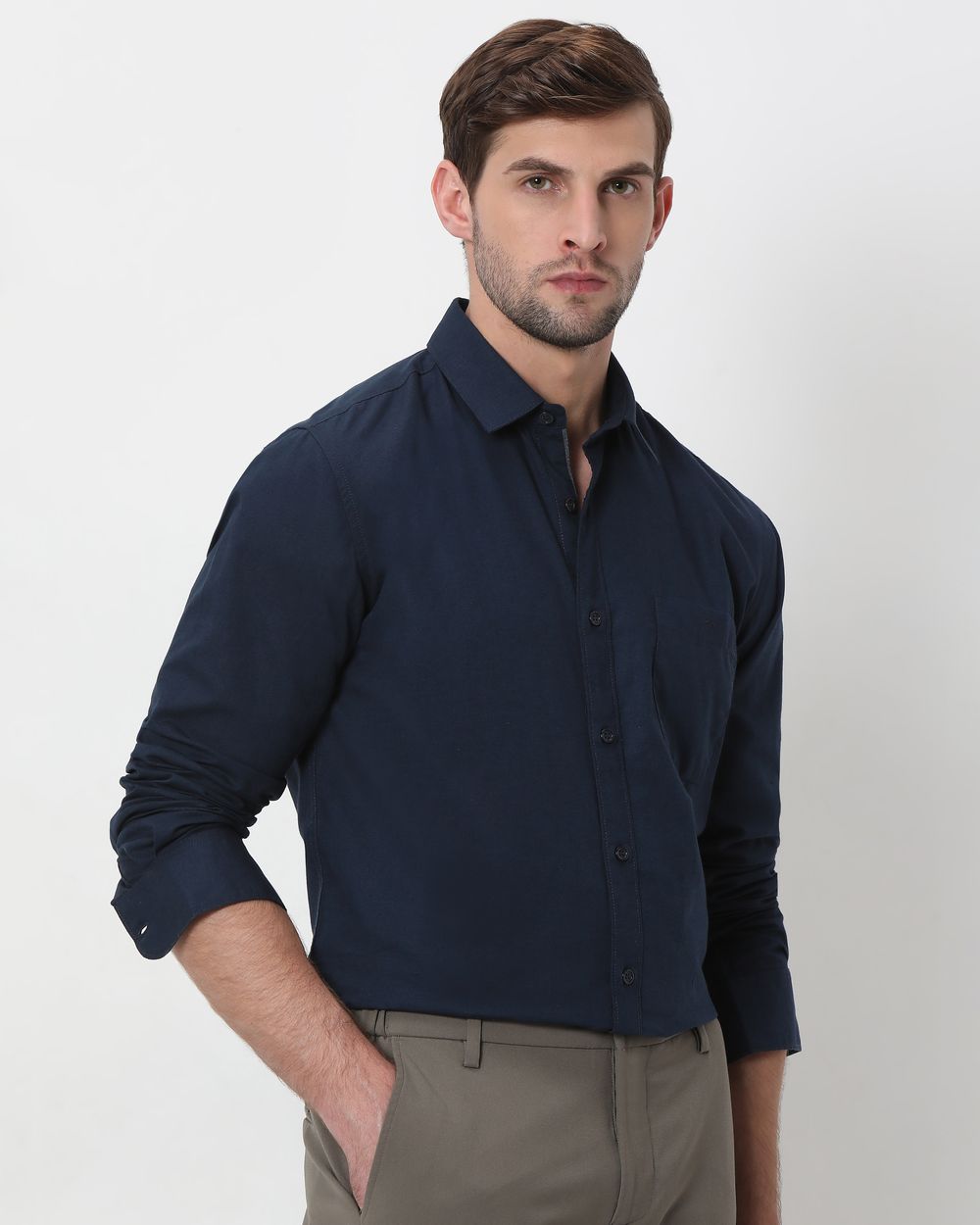 Navy Cotton Linen Plain Slim Fit Casual Shirt