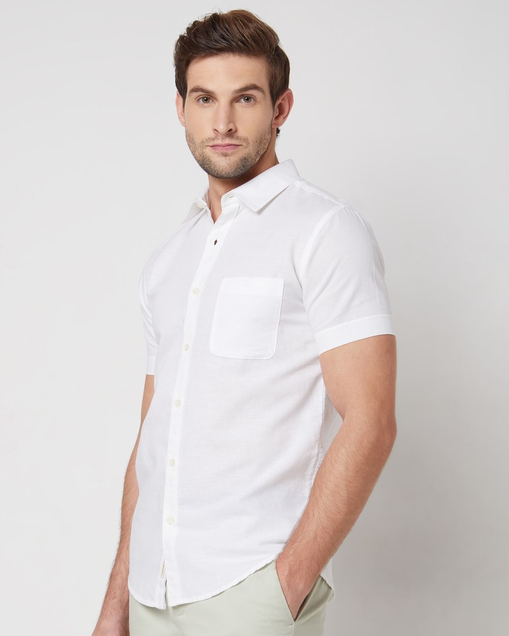 White Cotton Linen Plain Slim Fit Casual Shirt