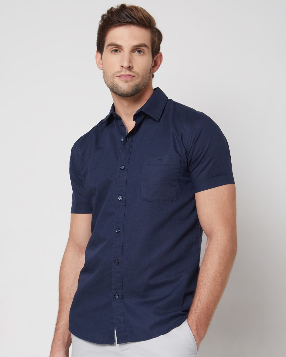 Navy Cotton Linen Plain Slim Fit Casual Shirt