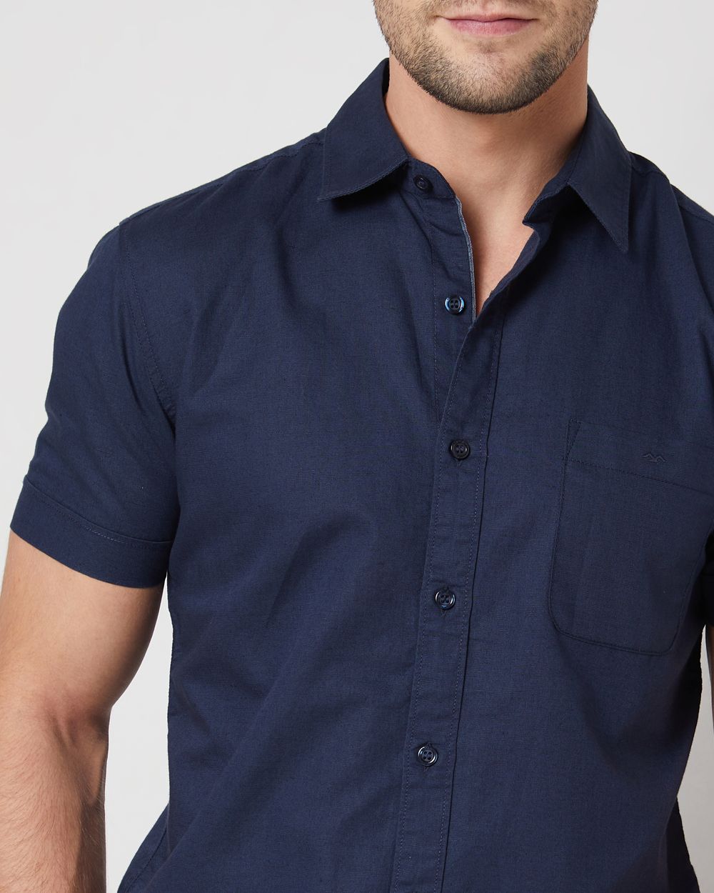 Navy Cotton Linen Plain Slim Fit Casual Shirt