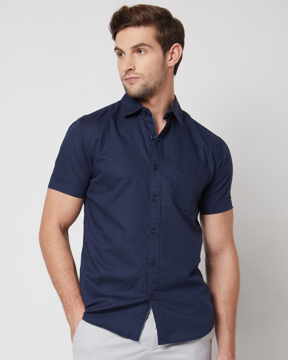 Navy Cotton Linen Plain Slim Fit Casual Shirt