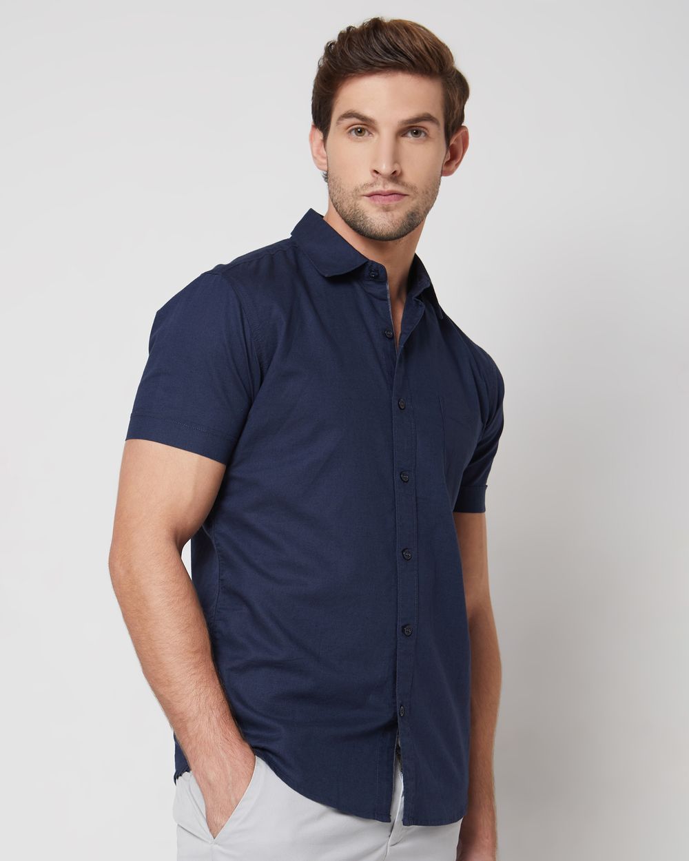 Navy Cotton Linen Plain Slim Fit Casual Shirt
