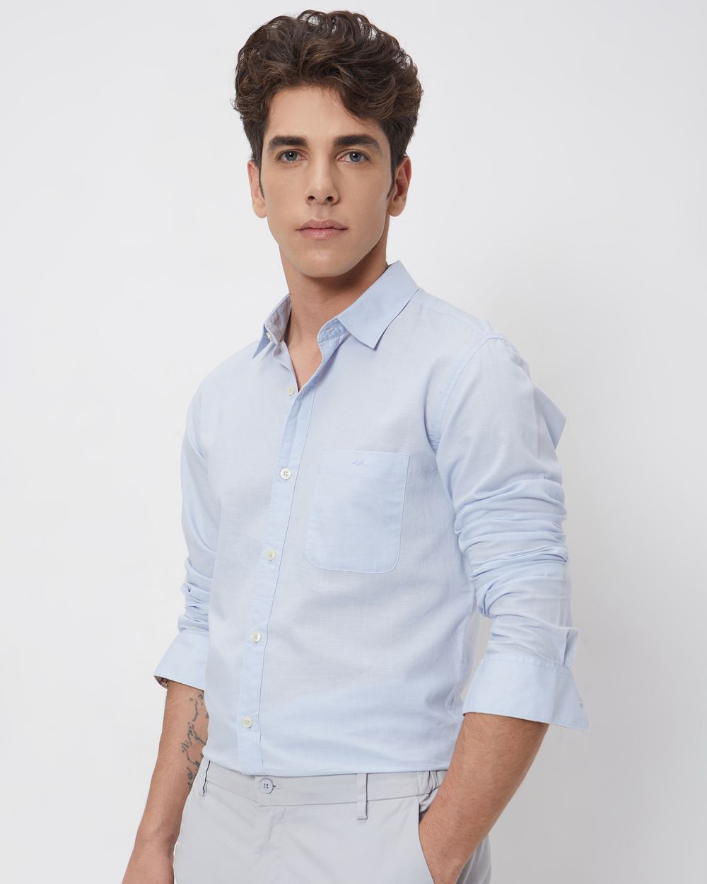 Light Blue Cotton Linen Plain Slim Fit Casual Shirt