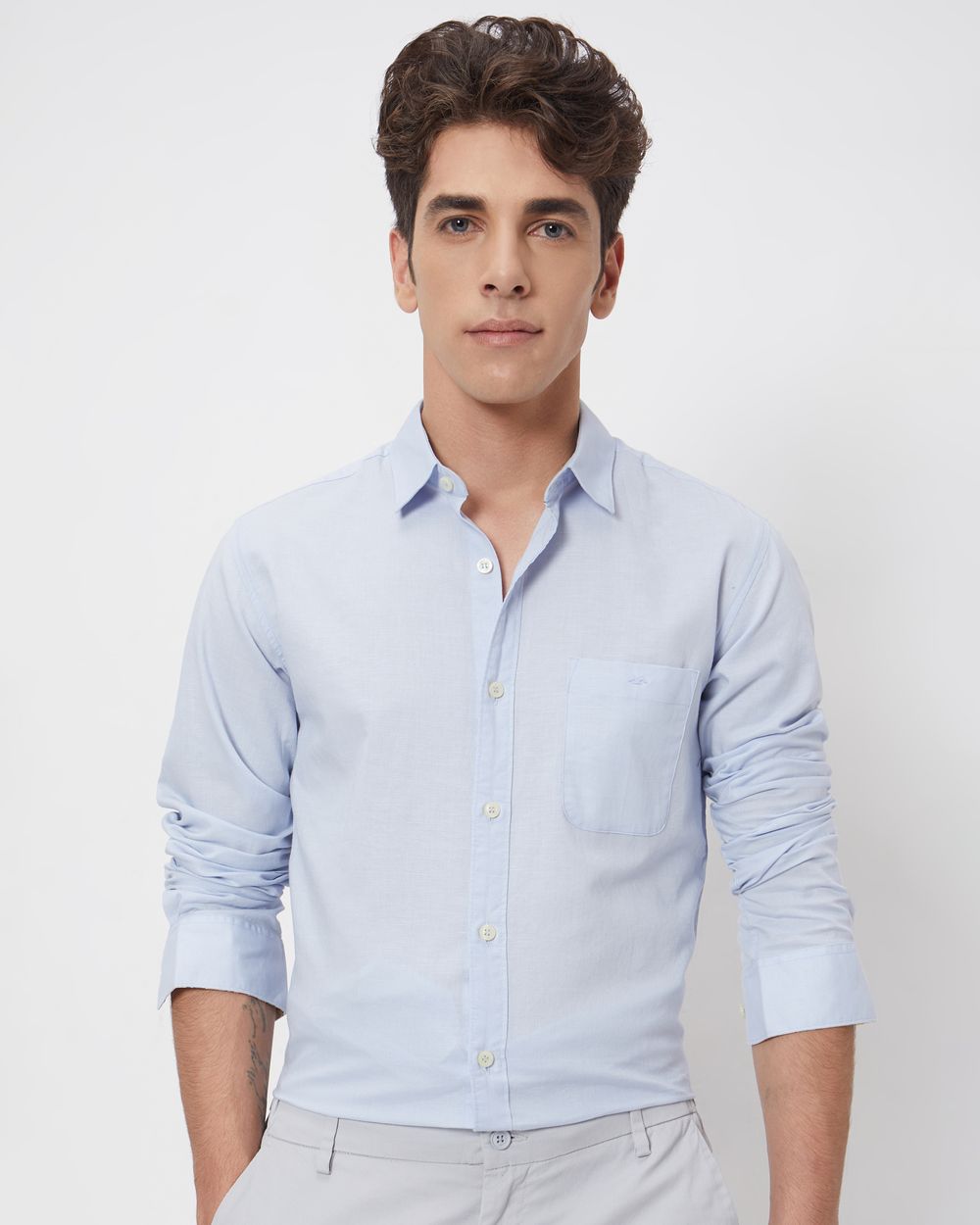 Light Blue Cotton Linen Plain Slim Fit Casual Shirt