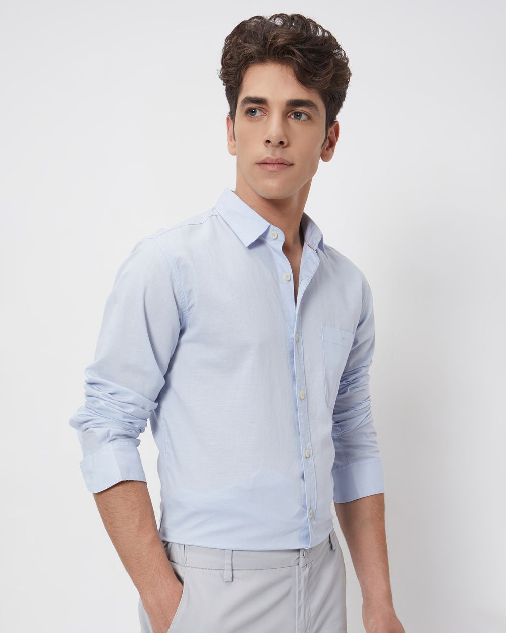 Light Blue Cotton Linen Plain Slim Fit Casual Shirt