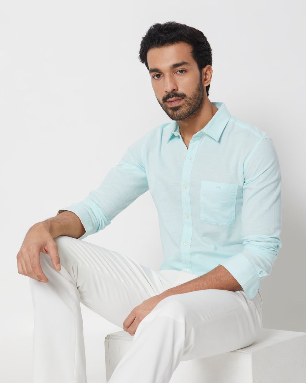 Turquoise Cotton Linen Slim Fit Casual Shirt